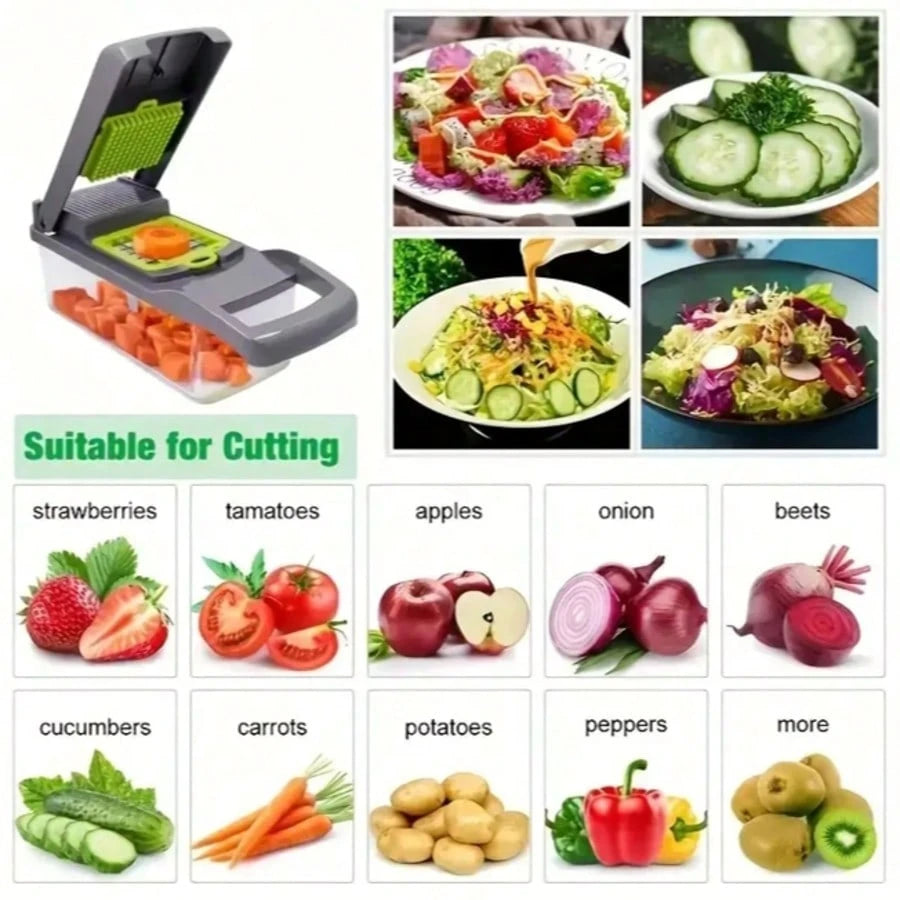 [Vegetable Slicer] 16-In-1 Vegetable Chopper, Professional Onion Chopper, Multi-Functional Food Chopper, Kitchen Vegetable Slicer And Dicer, Vegetable Chopper With 8 Blades, Carrot Chopper With Contai