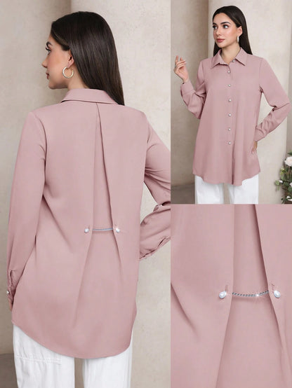 Veilorie Women's Solid Color Long Sleeve Single-Breasted Casual Office Shirt