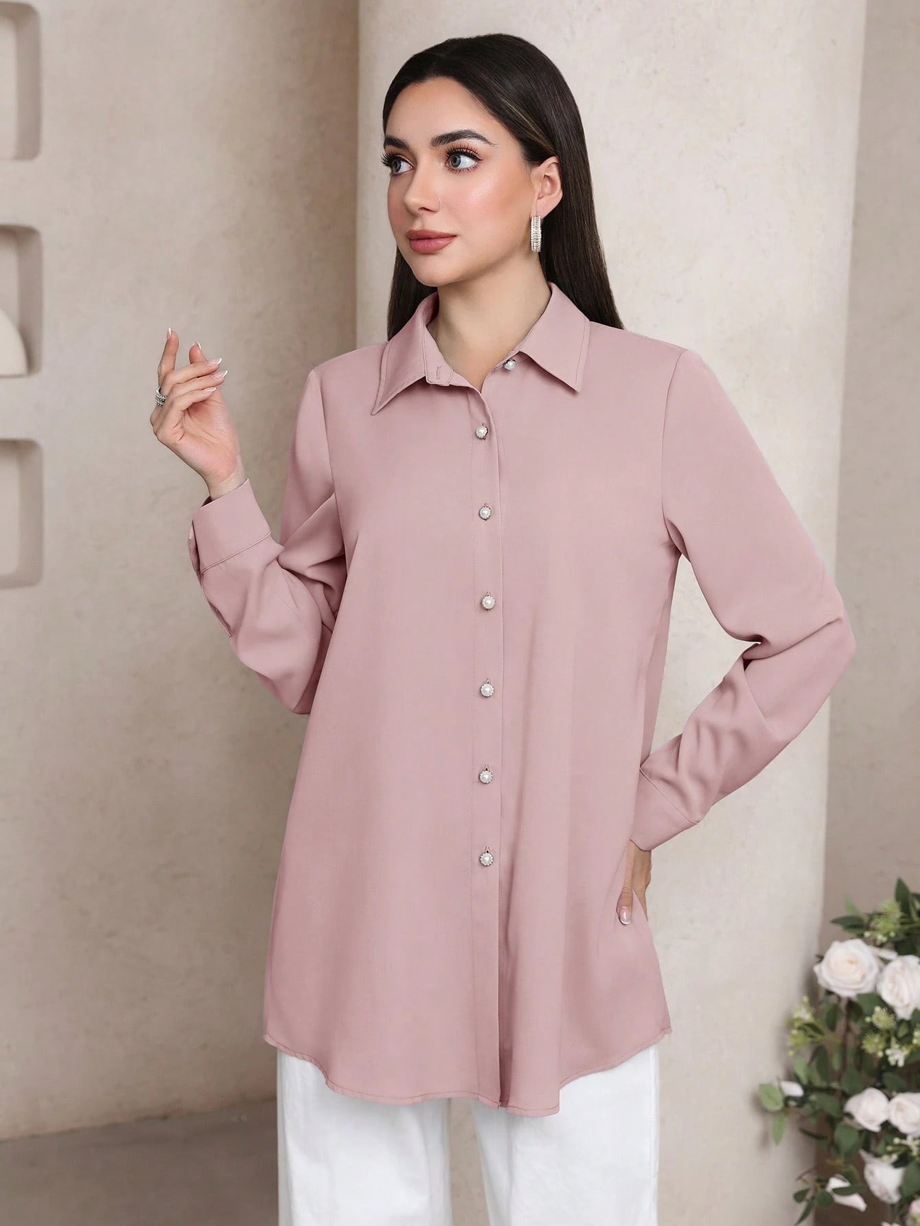 Veilorie Women's Solid Color Long Sleeve Single-Breasted Casual Office Shirt