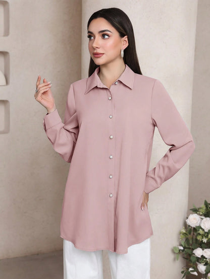 Veilorie Women's Solid Color Long Sleeve Single-Breasted Casual Office Shirt