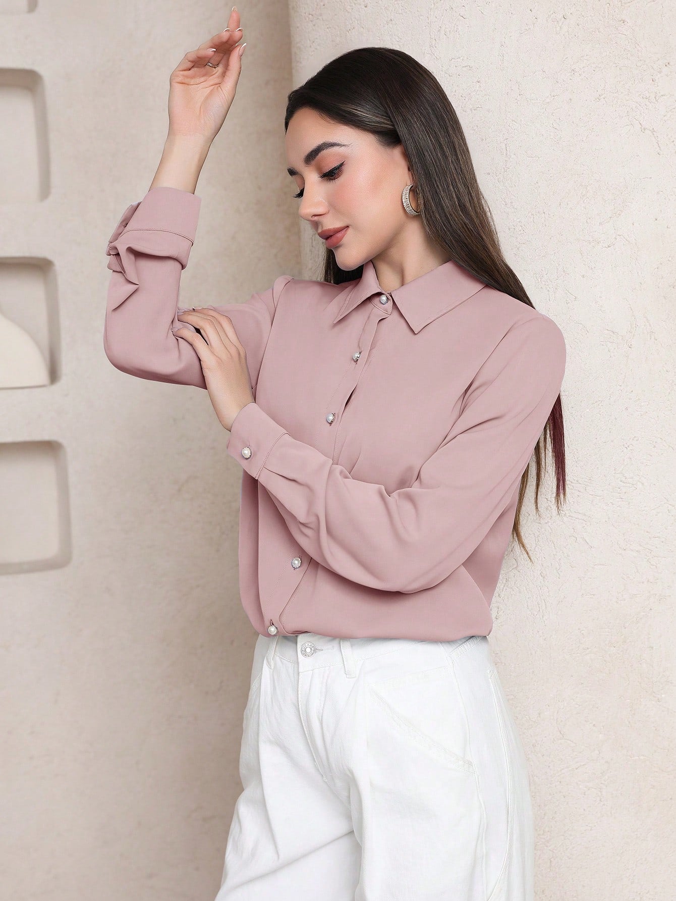Veilorie Women's Solid Color Long Sleeve Single-Breasted Casual Office Shirt