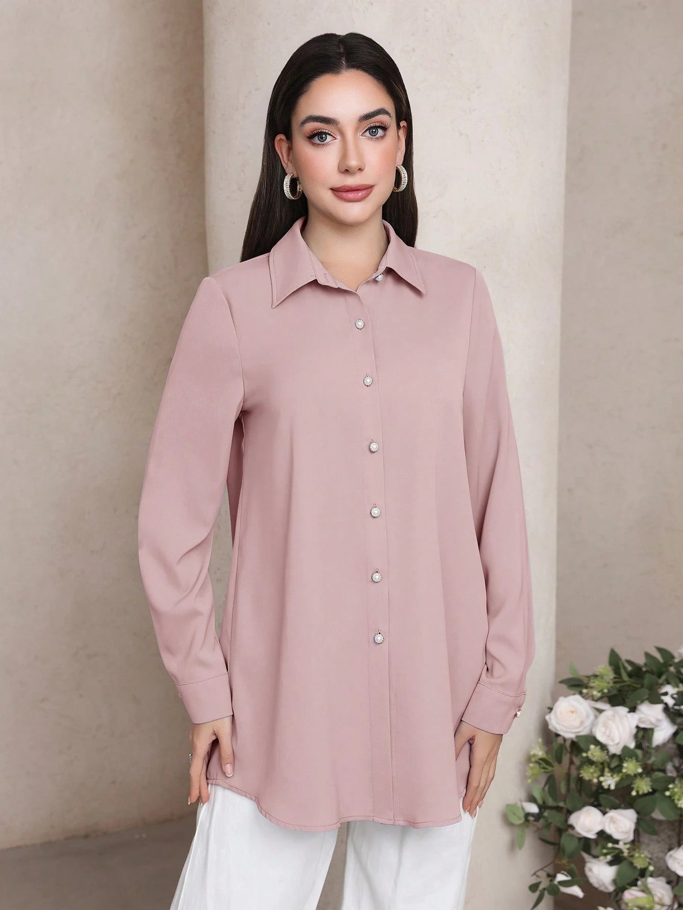 Veilorie Women's Solid Color Long Sleeve Single-Breasted Casual Office Shirt