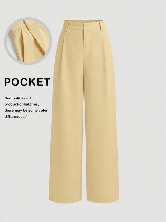 Vela Rue Minimalist Design Lightweight Slightly Sheer Navy Blue Solid Color Suit Pants With Zipper And Hook Closure, Wide Leg Slimming All-Season Yellow