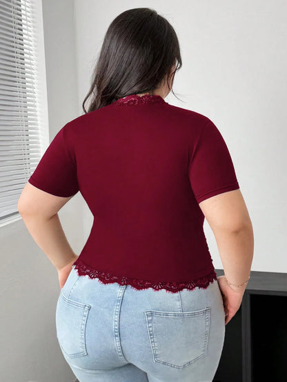 Vibekara Plus Size V-Neck Floral Patchwork Ruffle Short Sleeve Fitted Elegant Vintage Sexy Cute Party T-Shirt For Women, Spring/Summer