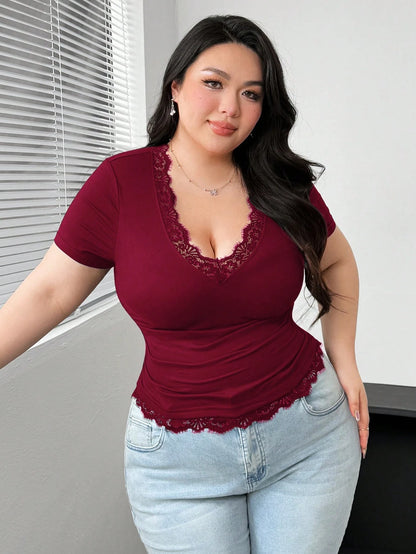 Vibekara Plus Size V-Neck Floral Patchwork Ruffle Short Sleeve Fitted Elegant Vintage Sexy Cute Party T-Shirt For Women, Spring/Summer