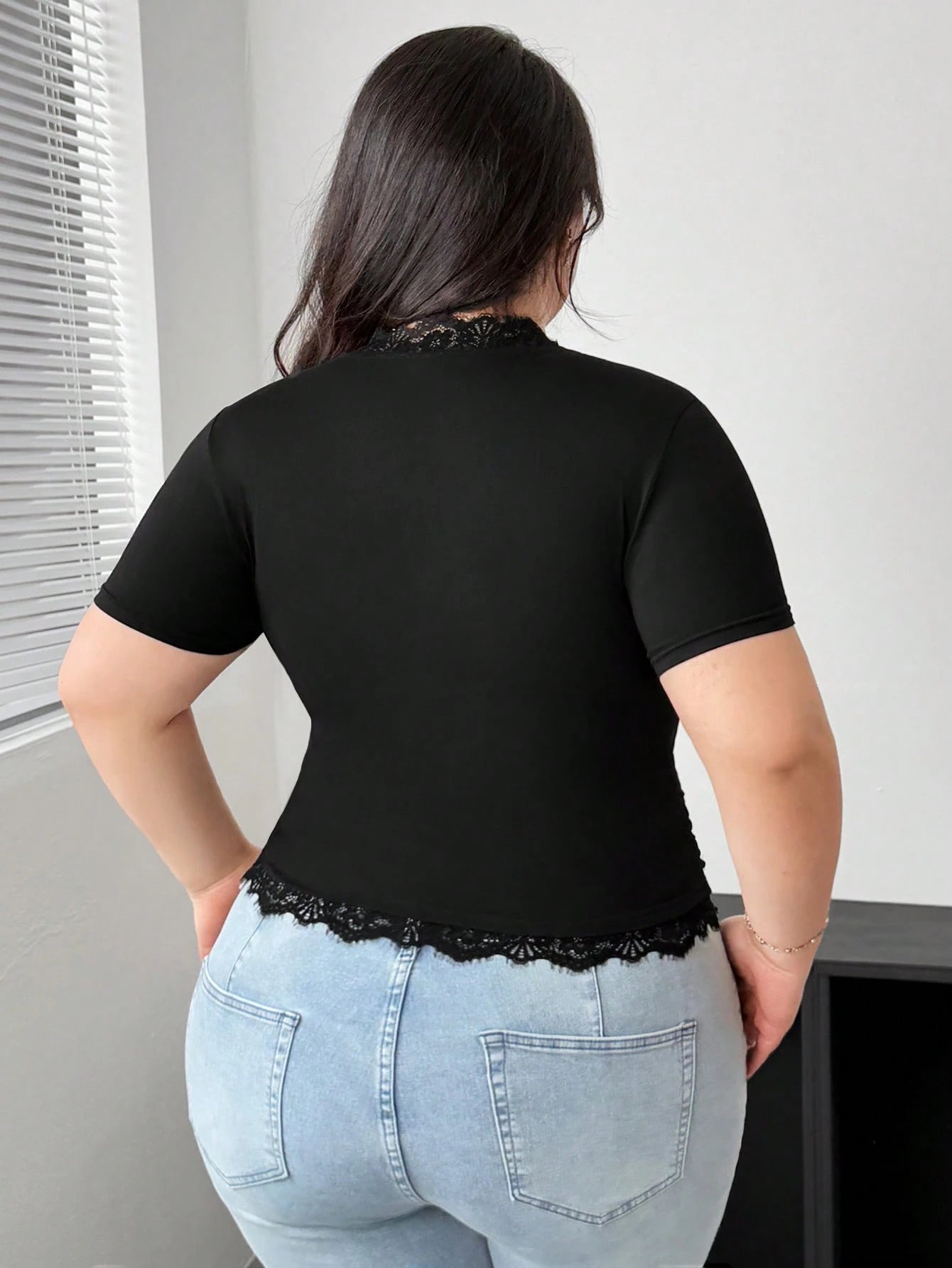 Vibekara Plus Size V-Neck Floral Patchwork Ruffle Short Sleeve Fitted Elegant Vintage Sexy Cute Party T-Shirt For Women, Spring/Summer