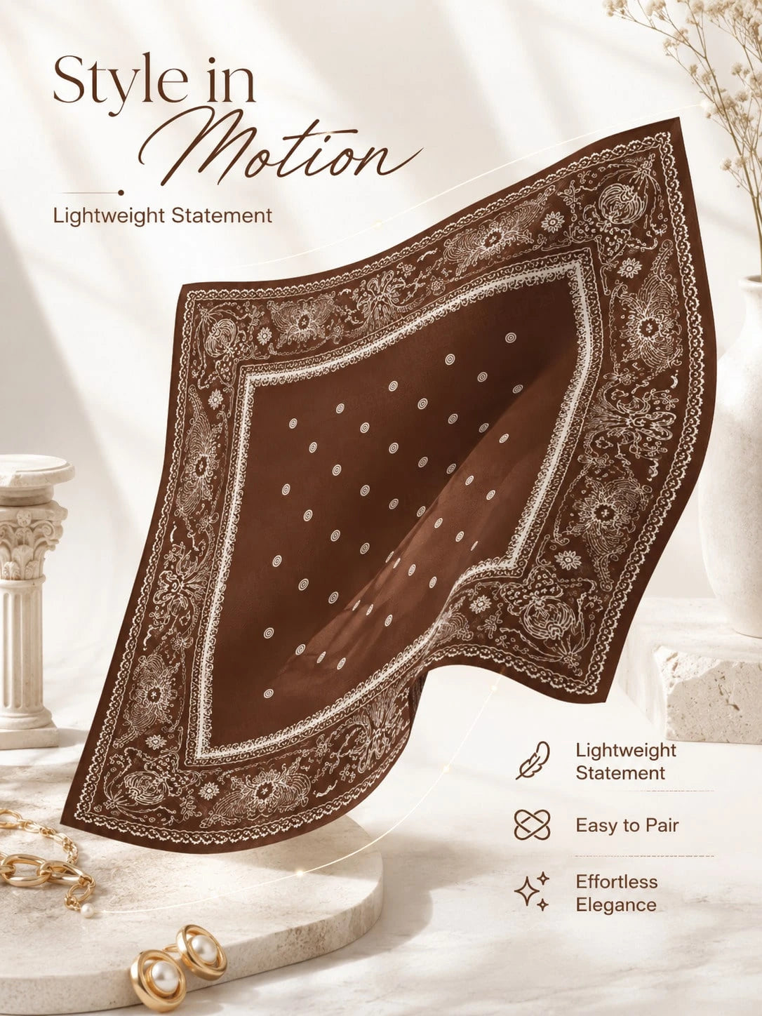 Vintage Brown Paisley Square Scarf Elegant Printed Head Wrap Fashion Accent For Women Daily Styling Gift Accessory
