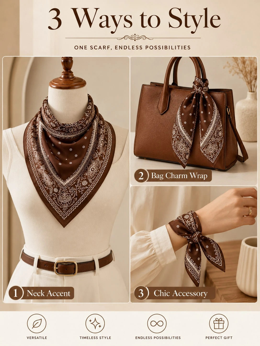 Vintage Brown Paisley Square Scarf Elegant Printed Head Wrap Fashion Accent For Women Daily Styling Gift Accessory