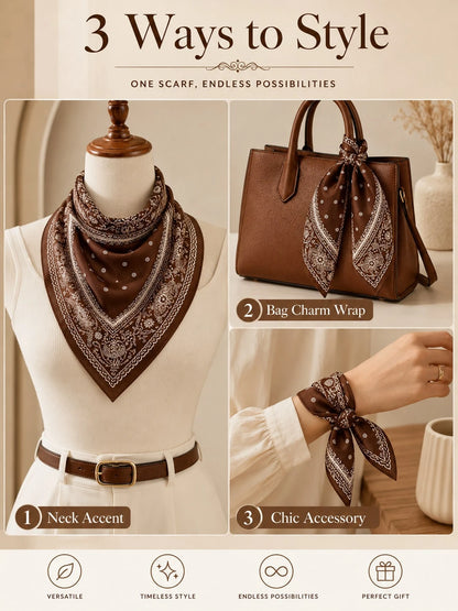 Vintage Brown Paisley Square Scarf Elegant Printed Head Wrap Fashion Accent For Women Daily Styling Gift Accessory