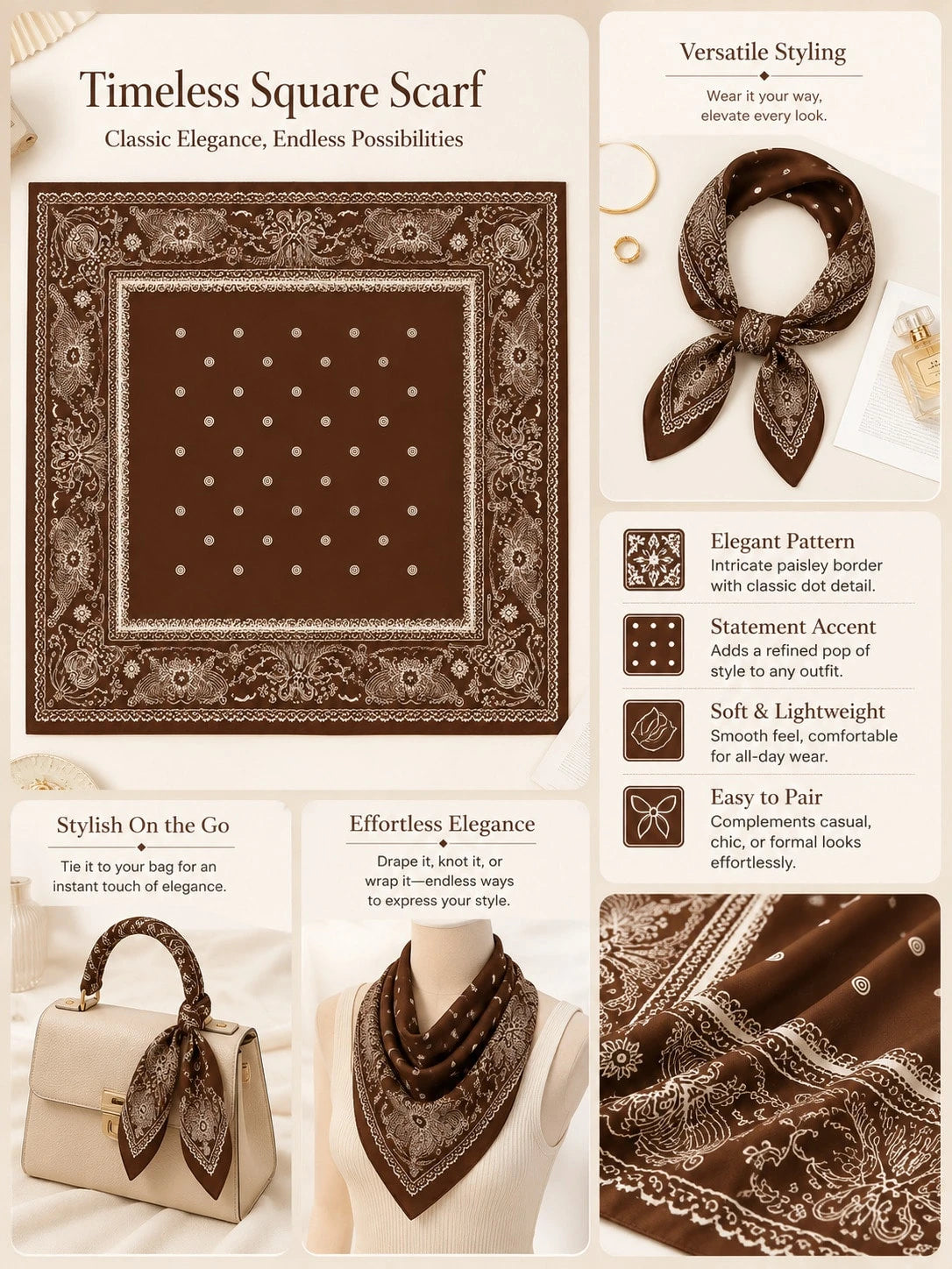 Vintage Brown Paisley Square Scarf Elegant Printed Head Wrap Fashion Accent For Women Daily Styling Gift Accessory