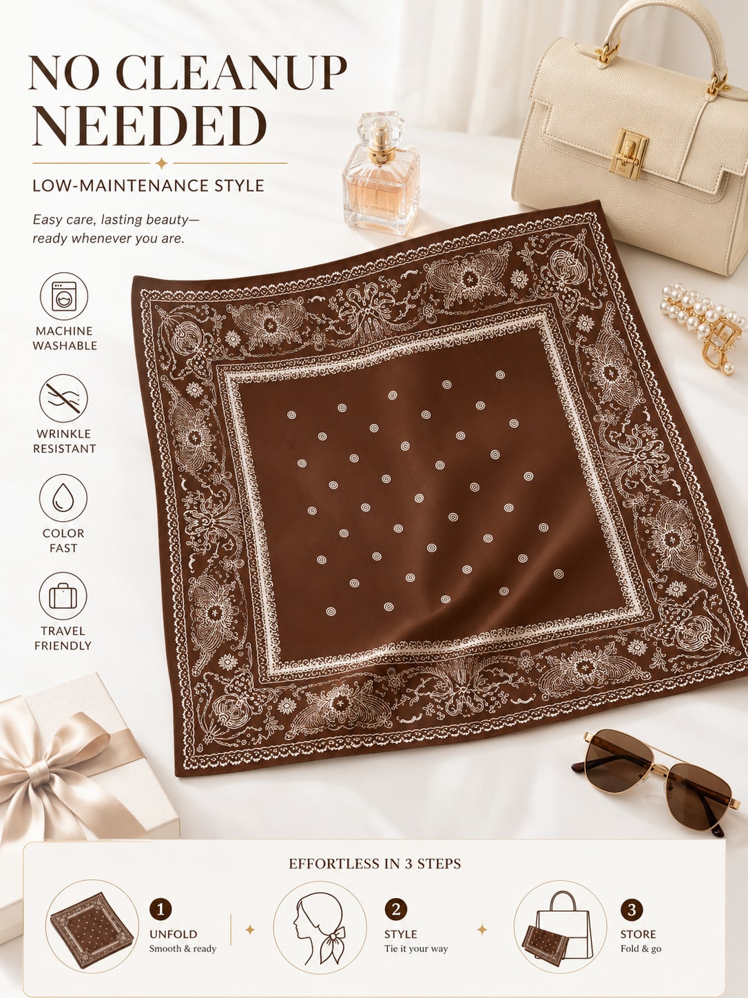 Vintage Brown Paisley Square Scarf Elegant Printed Head Wrap Fashion Accent For Women Daily Styling Gift Accessory