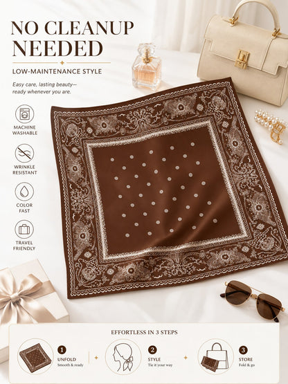 Vintage Brown Paisley Square Scarf Elegant Printed Head Wrap Fashion Accent For Women Daily Styling Gift Accessory