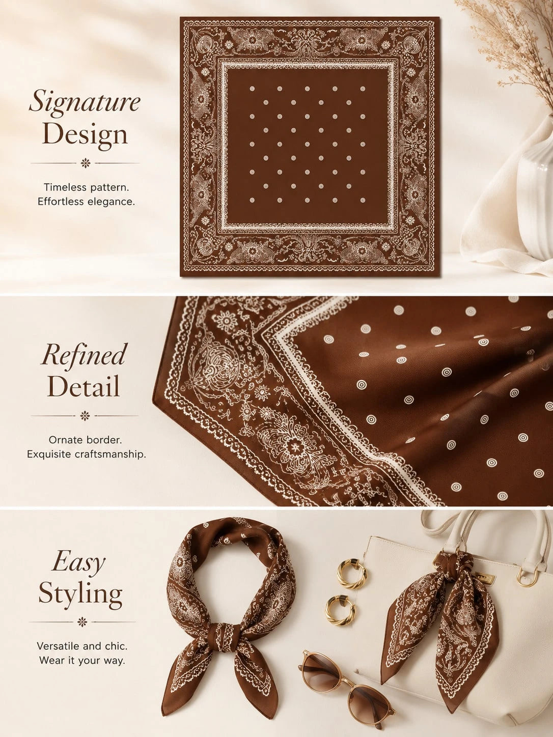 Vintage Brown Paisley Square Scarf Elegant Printed Head Wrap Fashion Accent For Women Daily Styling Gift Accessory
