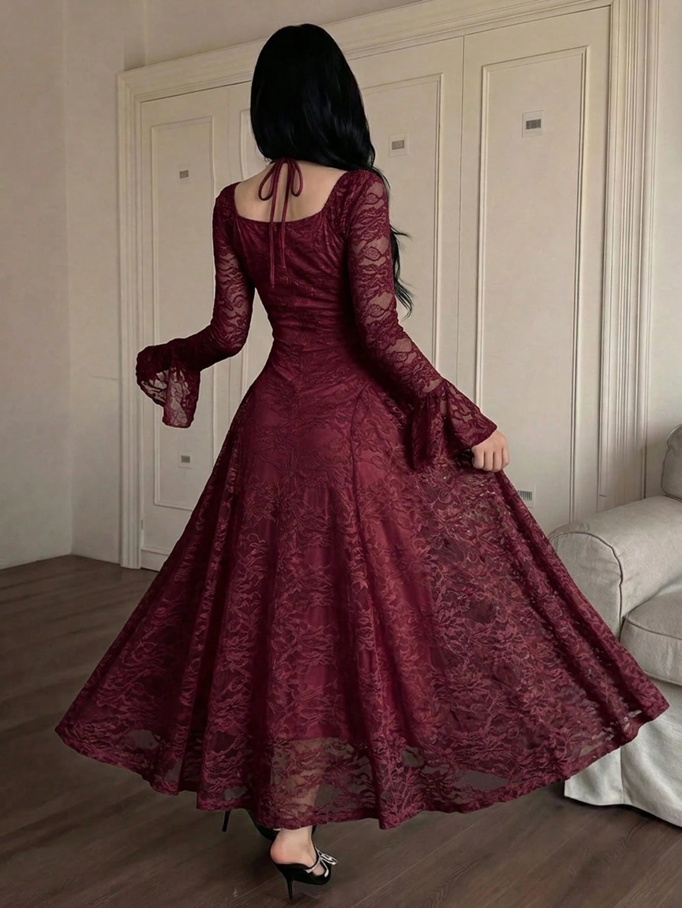 Vintage Inspired Ruby Red Lace Gown For Women Featuring Sweetheart Bust And Bell Sleeves A Stunning Statement Piece