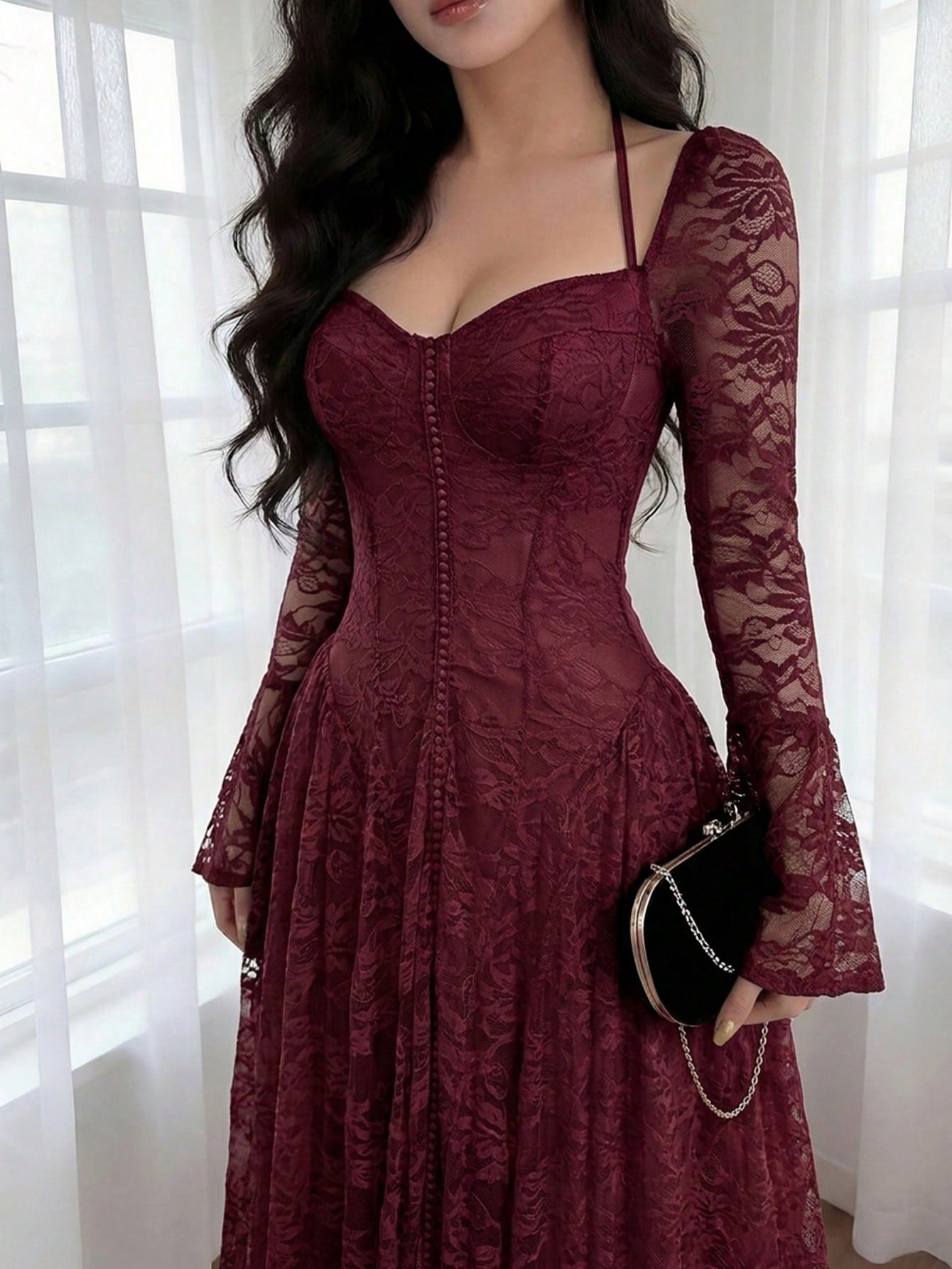 Vintage Inspired Ruby Red Lace Gown For Women Featuring Sweetheart Bust And Bell Sleeves A Stunning Statement Piece