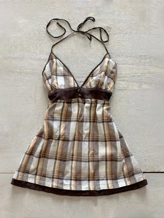 Vintage Plaid V-Neck Cinched Waist Sexy Crop Top