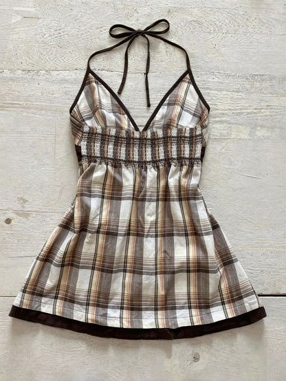 Vintage Plaid V-Neck Cinched Waist Sexy Crop Top
