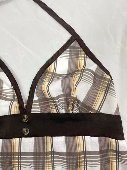 Vintage Plaid V-Neck Cinched Waist Sexy Crop Top