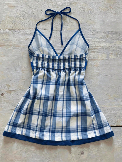 Vintage Plaid V-Neck Cinched Waist Sexy Crop Top