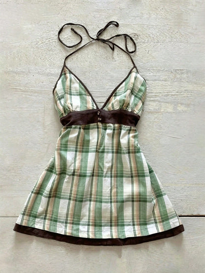 Vintage Plaid V-Neck Cinched Waist Sexy Crop Top