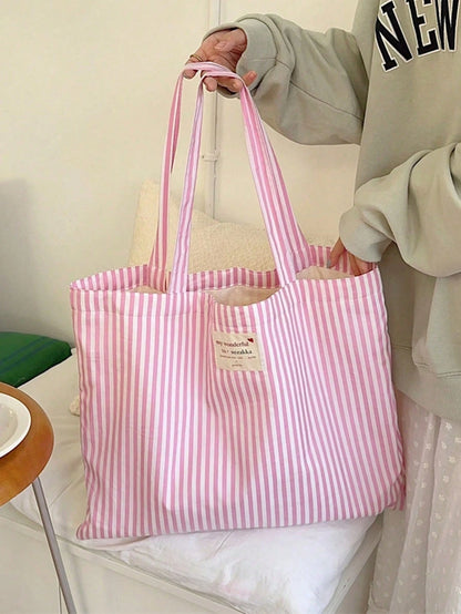 Vintage Striped Canvas Tote Bag, Women's Large Capacity Suitable For Travel And Shopping, For Her
