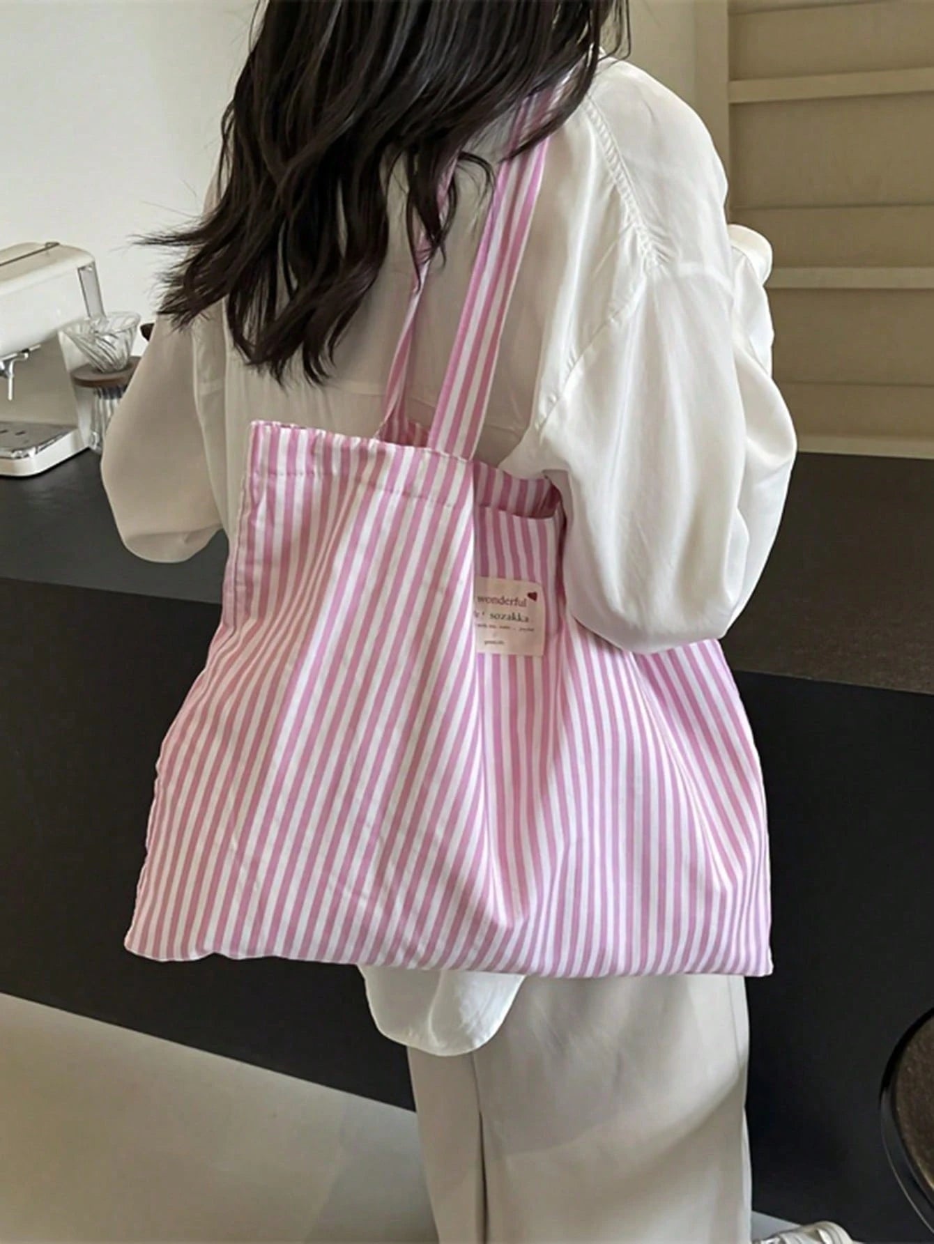 Vintage Striped Canvas Tote Bag, Women's Large Capacity Suitable For Travel And Shopping, For Her