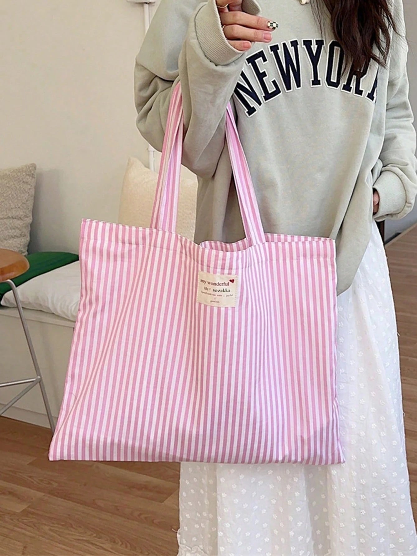 Vintage Striped Canvas Tote Bag, Women's Large Capacity Suitable For Travel And Shopping, For Her