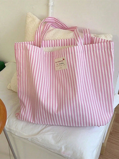 Vintage Striped Canvas Tote Bag, Women's Large Capacity Suitable For Travel And Shopping, For Her