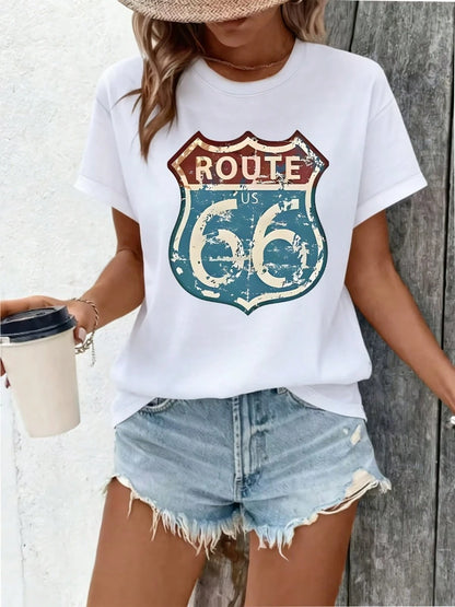 Vintage-Style ROUTE US 66 Highway Sign Pattern Women's Summer Clothing, New Summer Women's T-Shirt