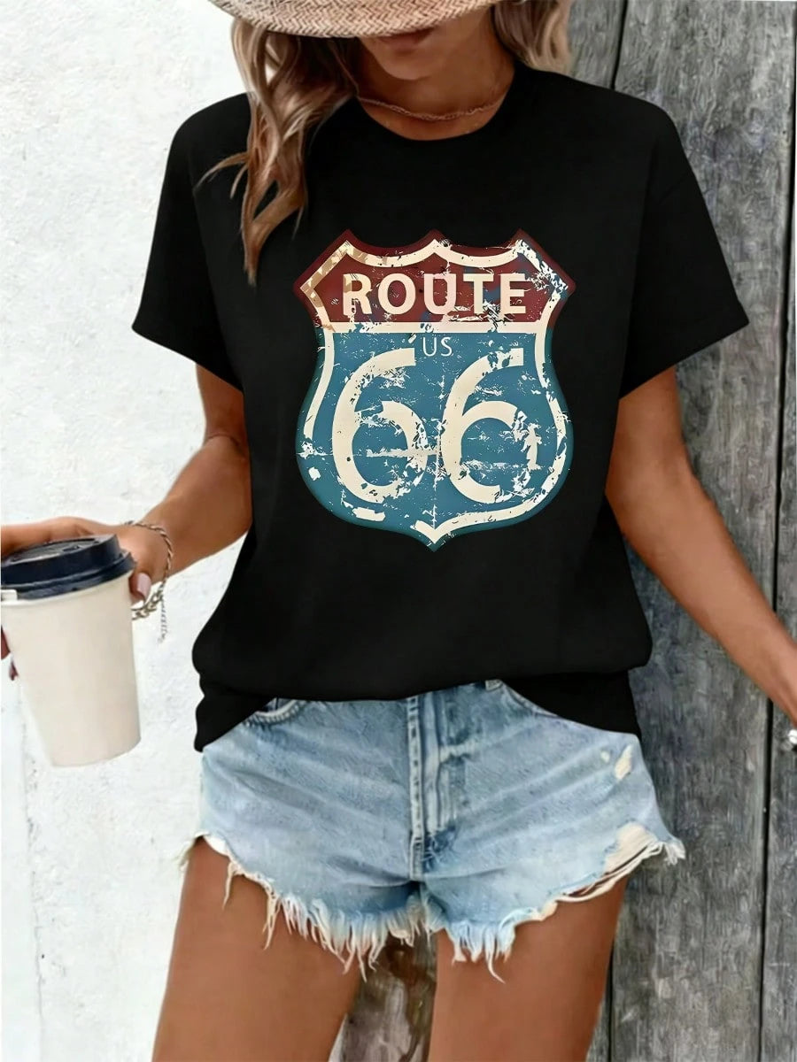 Vintage-Style ROUTE US 66 Highway Sign Pattern Women's Summer Clothing, New Summer Women's T-Shirt
