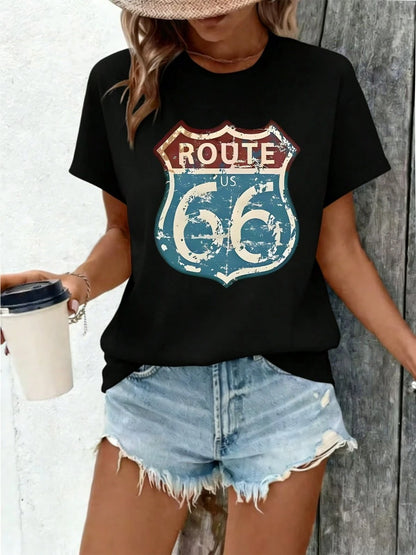 Vintage-Style ROUTE US 66 Highway Sign Pattern Women's Summer Clothing, New Summer Women's T-Shirt