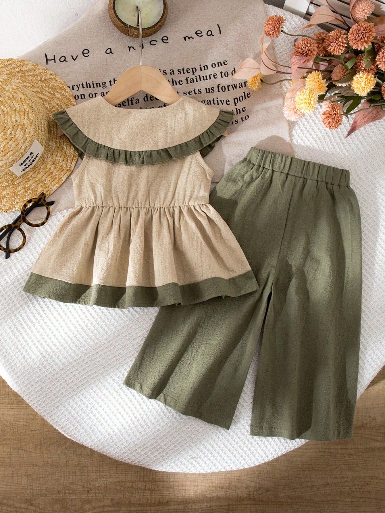 Vintaside Kids 2pcs/Set Baby Girl 0-3 Years Old Casual Daily Washed Cotton Oversized Collar Sleeveless Shirt Top And Wide Leg Pants Set