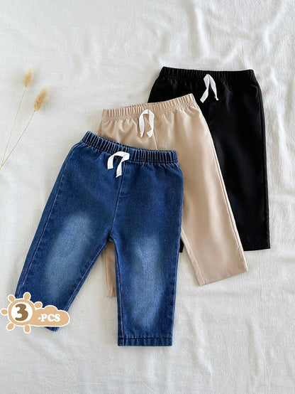 Vintaside Kids 3pcs Baby Boys Simple Casual Solid Color Blue Denim, Apricot, Black Long Pants Suitable For Daily Wear, School, Outings, Sports