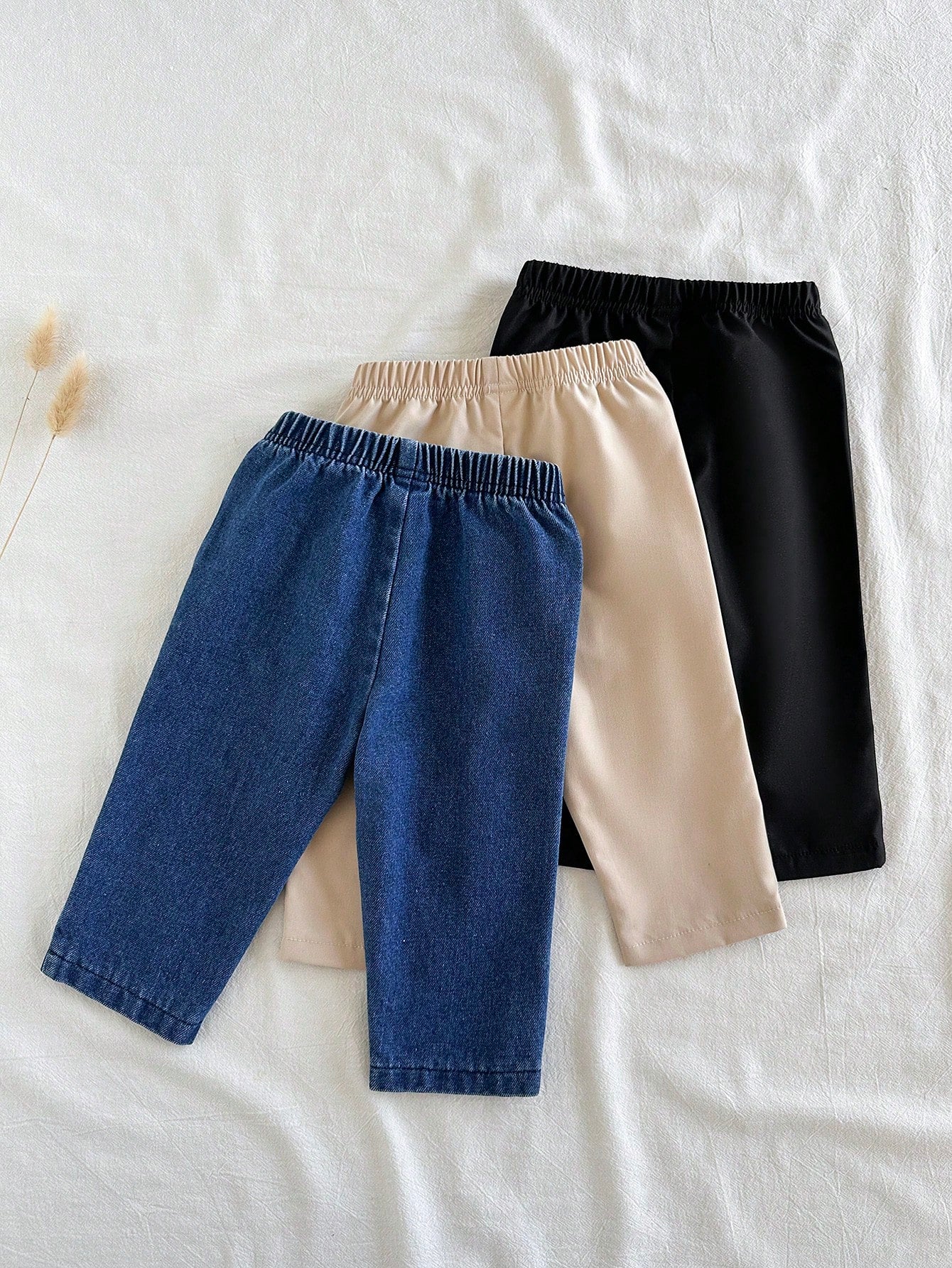 Vintaside Kids 3pcs Baby Boys Simple Casual Solid Color Blue Denim, Apricot, Black Long Pants Suitable For Daily Wear, School, Outings, Sports