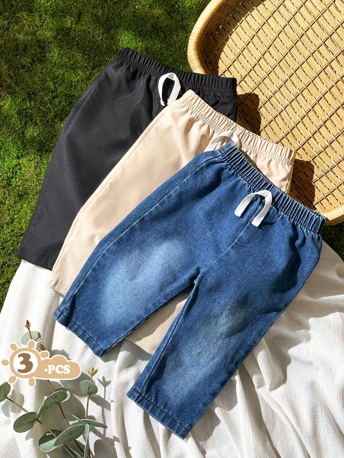 Vintaside Kids 3pcs Baby Boys Simple Casual Solid Color Blue Denim, Apricot, Black Long Pants Suitable For Daily Wear, School, Outings, Sports