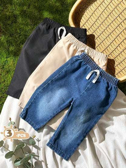 Vintaside Kids 3pcs Baby Boys Simple Casual Solid Color Blue Denim, Apricot, Black Long Pants Suitable For Daily Wear, School, Outings, Sports