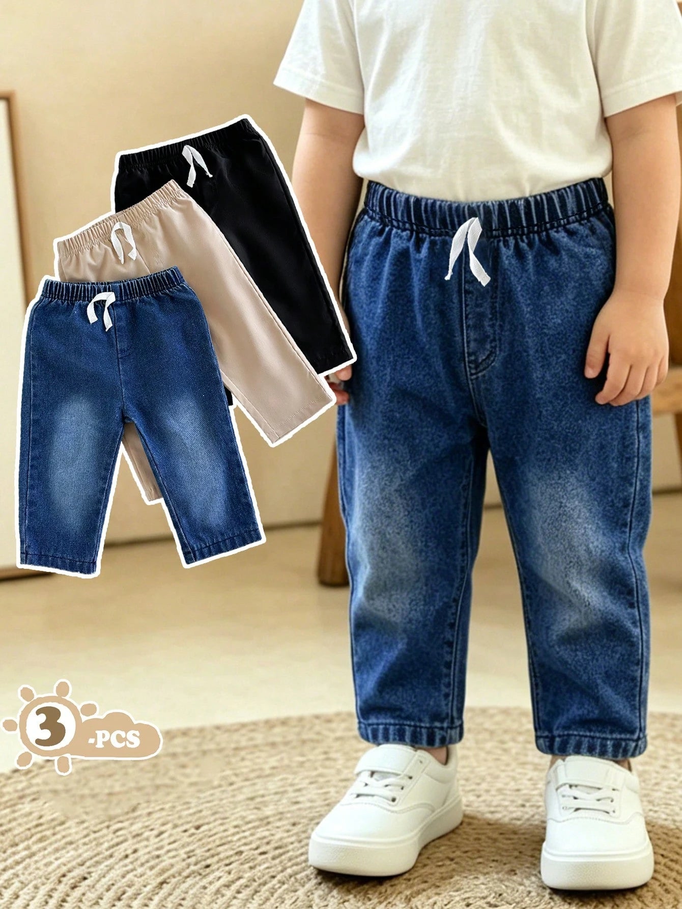 Vintaside Kids 3pcs Baby Boys Simple Casual Solid Color Blue Denim, Apricot, Black Long Pants Suitable For Daily Wear, School, Outings, Sports
