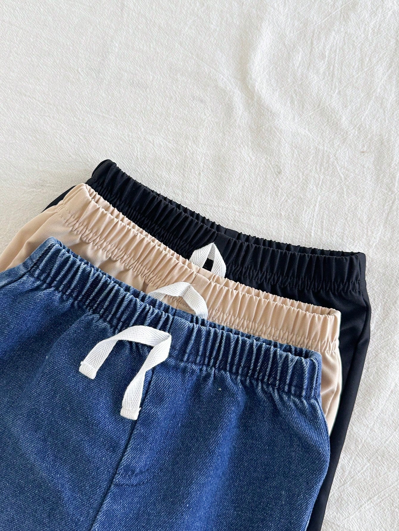 Vintaside Kids 3pcs Baby Boys Simple Casual Solid Color Blue Denim, Apricot, Black Long Pants Suitable For Daily Wear, School, Outings, Sports