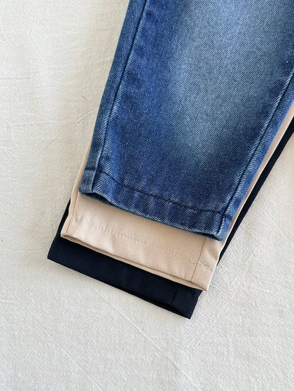 Vintaside Kids 3pcs Baby Boys Simple Casual Solid Color Blue Denim, Apricot, Black Long Pants Suitable For Daily Wear, School, Outings, Sports