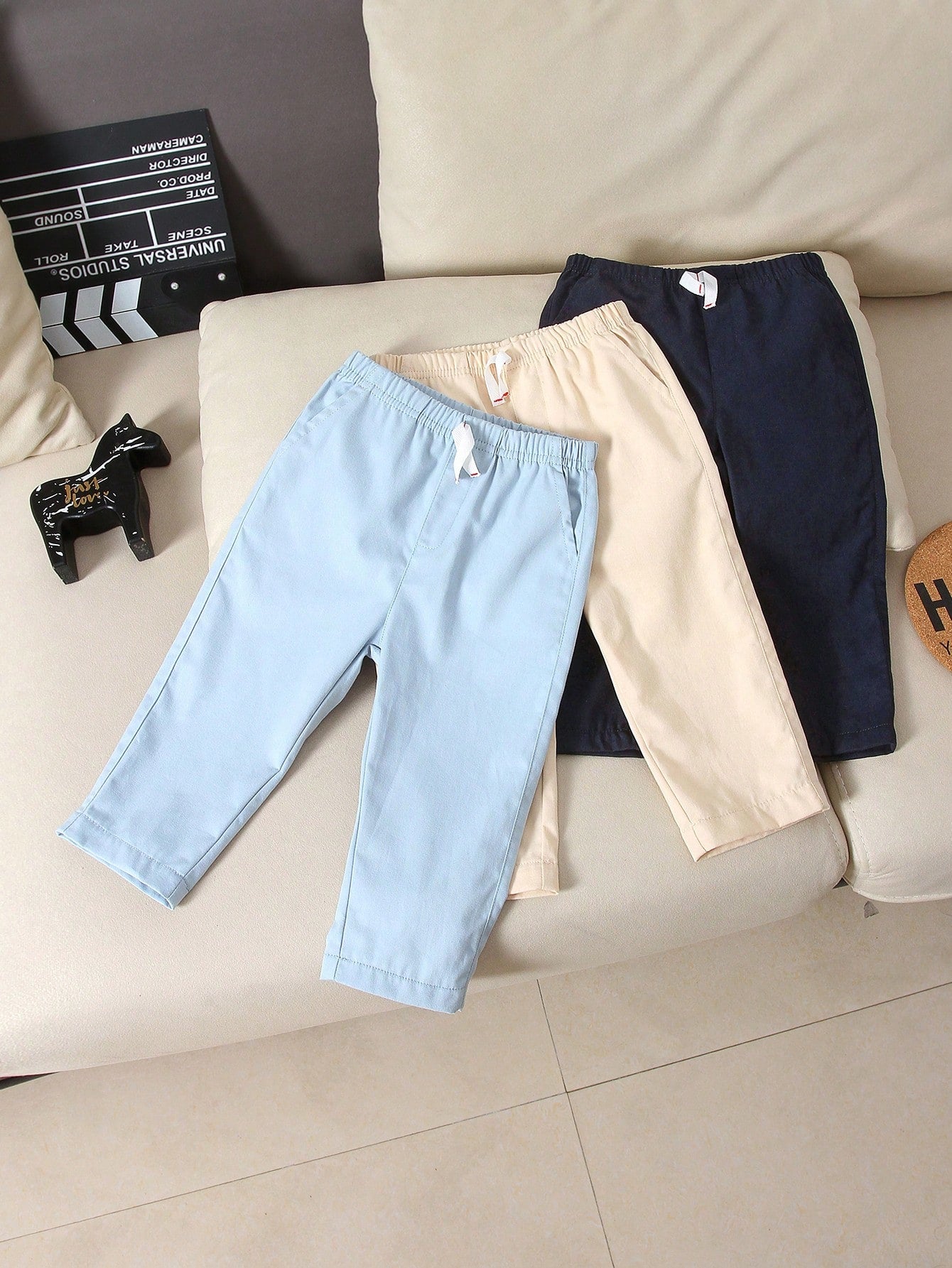 Vintaside Kids 3pcs Baby Boys Simple Casual Solid Color Blue Denim, Apricot, Black Long Pants Suitable For Daily Wear, School, Outings, Sports
