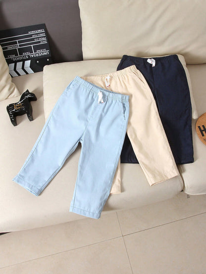 Vintaside Kids 3pcs Baby Boys Simple Casual Solid Color Blue Denim, Apricot, Black Long Pants Suitable For Daily Wear, School, Outings, Sports