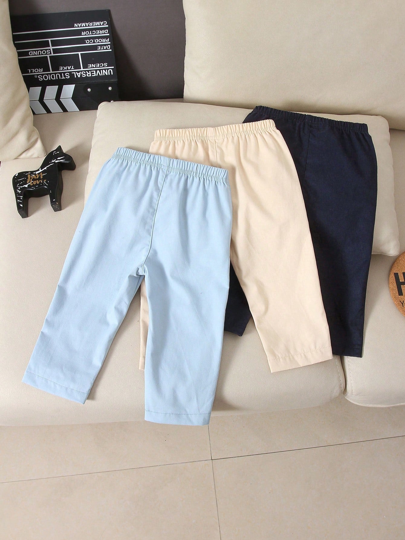 Vintaside Kids 3pcs Baby Boys Simple Casual Solid Color Blue Denim, Apricot, Black Long Pants Suitable For Daily Wear, School, Outings, Sports