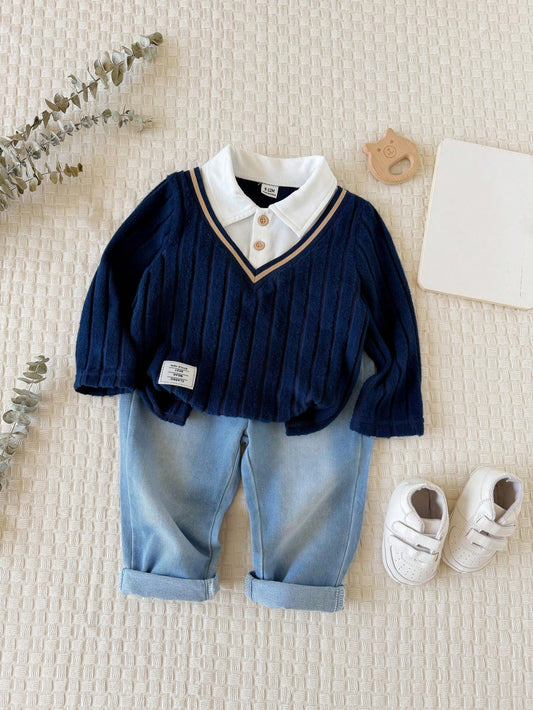 Vintaside Kids Babyboy Infant Boy Autumn 2-Piece Set With Faux Layered Collar Long Sleeve Fashion Elegant Top And Versatile Casual Washed Denim Pants, Suitable For Parties, School Activities, Da