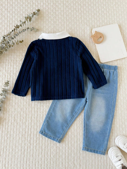 Vintaside Kids Babyboy Infant Boy Autumn 2-Piece Set With Faux Layered Collar Long Sleeve Fashion Elegant Top And Versatile Casual Washed Denim Pants, Suitable For Parties, School Activities, Da