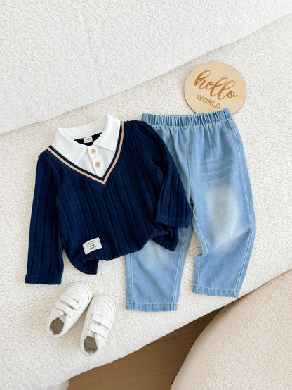Vintaside Kids Babyboy Infant Boy Autumn 2-Piece Set With Faux Layered Collar Long Sleeve Fashion Elegant Top And Versatile Casual Washed Denim Pants, Suitable For Parties, School Activities, Da