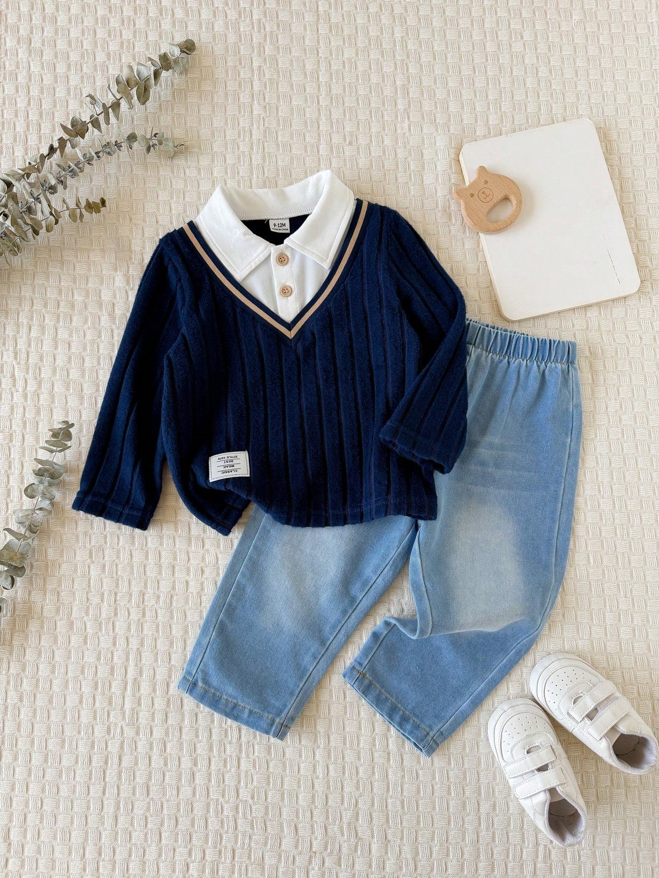 Vintaside Kids Babyboy Infant Boy Autumn 2-Piece Set With Faux Layered Collar Long Sleeve Fashion Elegant Top And Versatile Casual Washed Denim Pants, Suitable For Parties, School Activities, Da