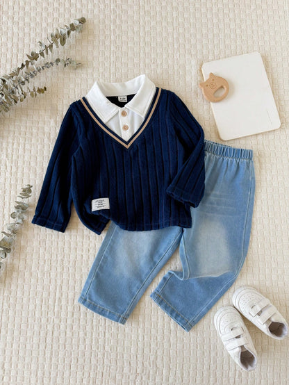 Vintaside Kids Babyboy Infant Boy Autumn 2-Piece Set With Faux Layered Collar Long Sleeve Fashion Elegant Top And Versatile Casual Washed Denim Pants, Suitable For Parties, School Activities, Da
