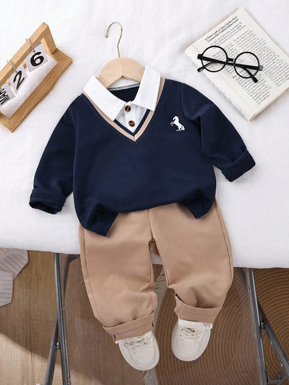 Vintaside Kids Babyboy Infant Boy Autumn 2-Piece Set With Faux Layered Collar Long Sleeve Fashion Elegant Top And Versatile Casual Washed Denim Pants, Suitable For Parties, School Activities, Da