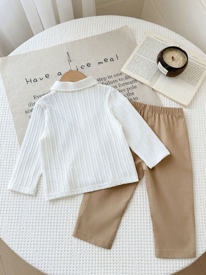 Vintaside Kids Babyboy Infant Boys Autumn 2 Pieces Set, Faux Layered Lapel Long Sleeve Top With Cute Bear Patch, Paired With Simple Versatile Casual Long Pants, Suitable For Daily Wear, Kinderga