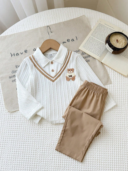Vintaside Kids Babyboy Infant Boys Autumn 2 Pieces Set, Faux Layered Lapel Long Sleeve Top With Cute Bear Patch, Paired With Simple Versatile Casual Long Pants, Suitable For Daily Wear, Kinderga